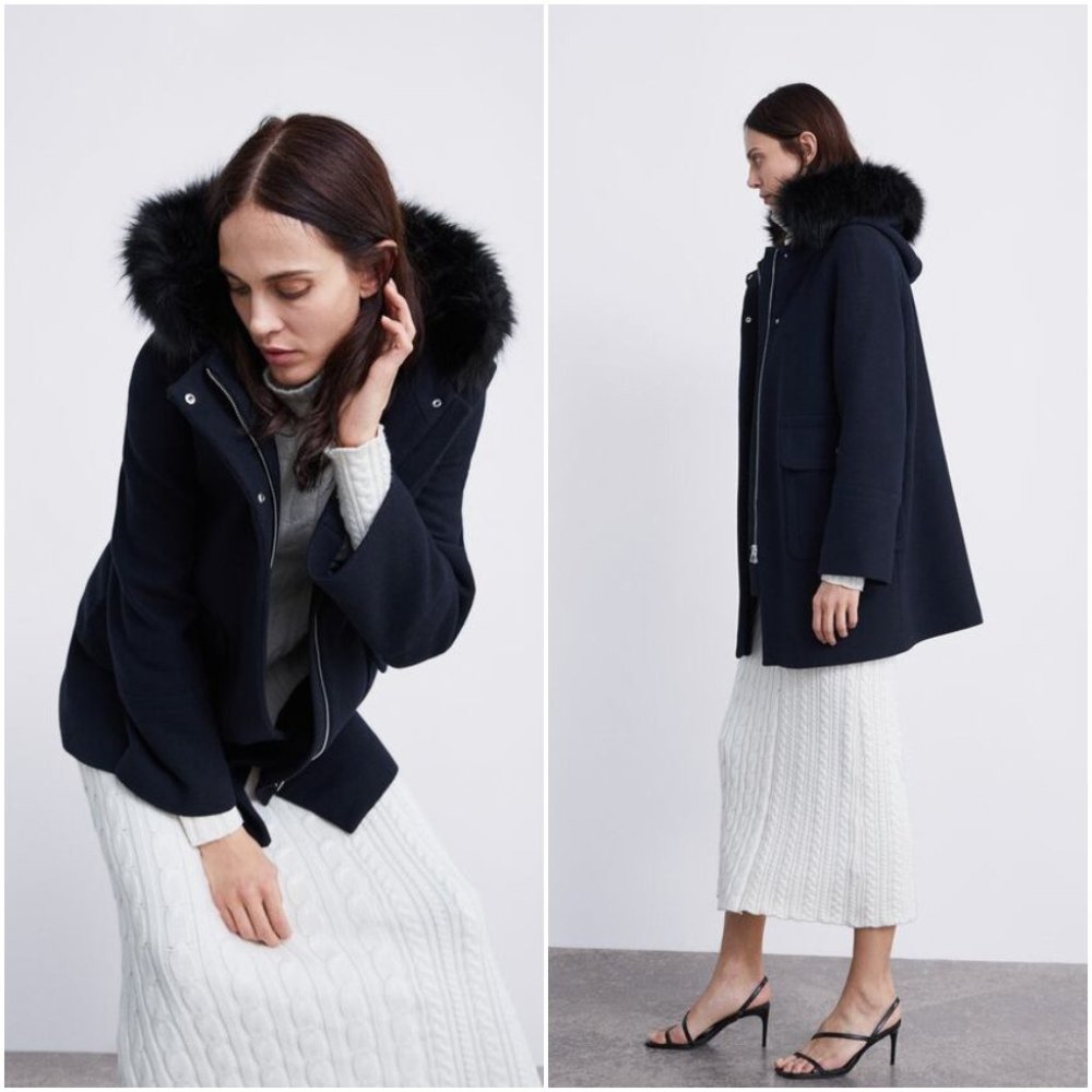 ZARA NAVY BLUE WOOL BLEND DETACHABLE FAUX FUR HOOD COAT WITH POCKETS $129 - Picture 7 of 14